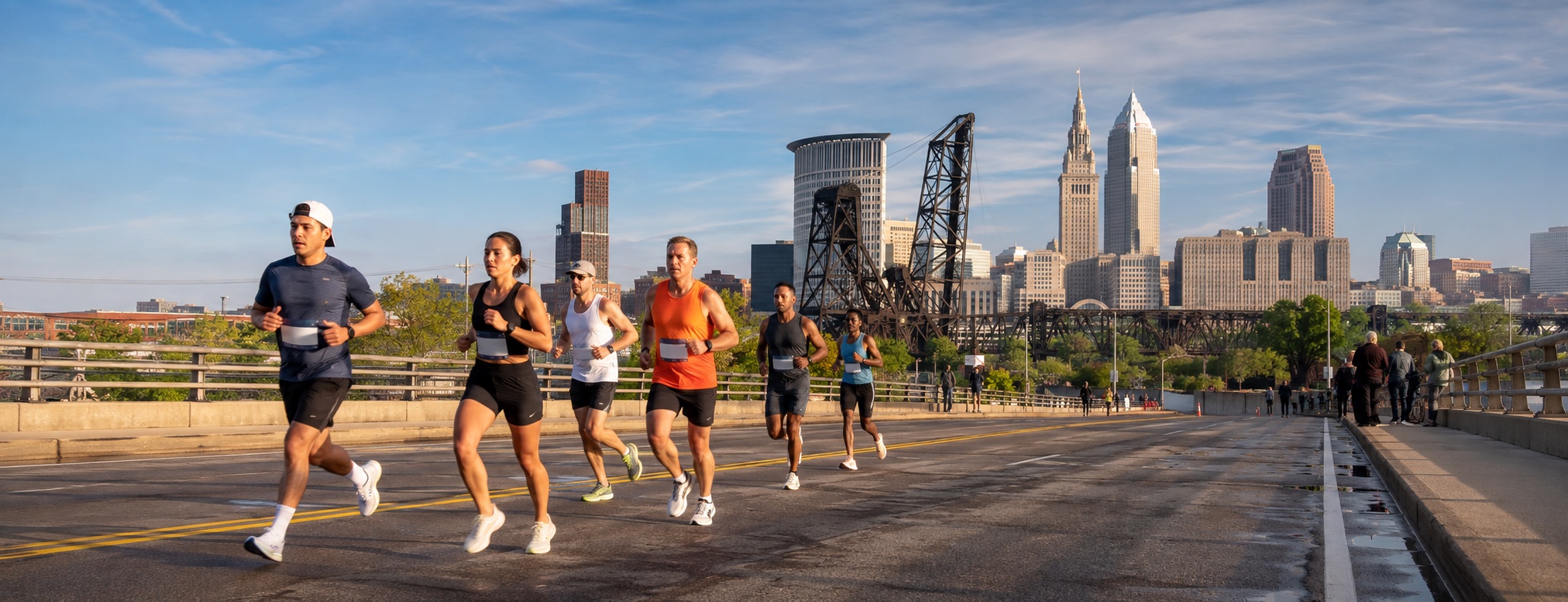 Runners crossing a Cleveland river bridge at sunrise, with Terminal Tower, Key Tower and the working Flats skyline behind them